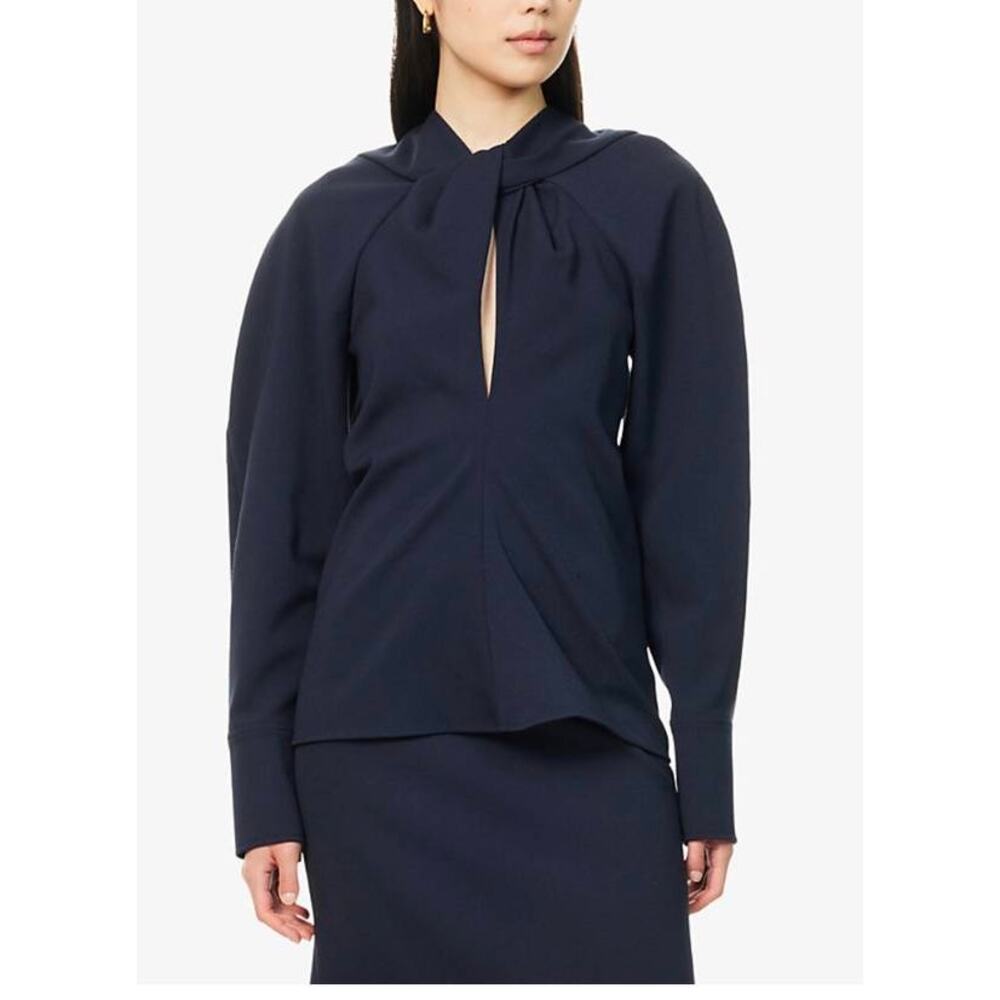 Victoria Beckham Twisted Neckline Textured Blouse in Navy UK 4 US 0